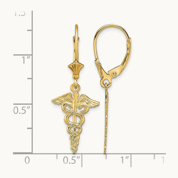 Caduceus Leverback Earrings, 14K