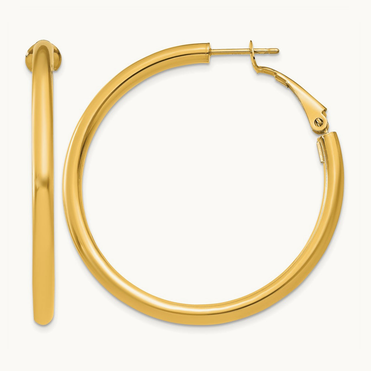 Polished Round Omega Back Hoop Earrings — 14K Yellow Gold, 3x41mm