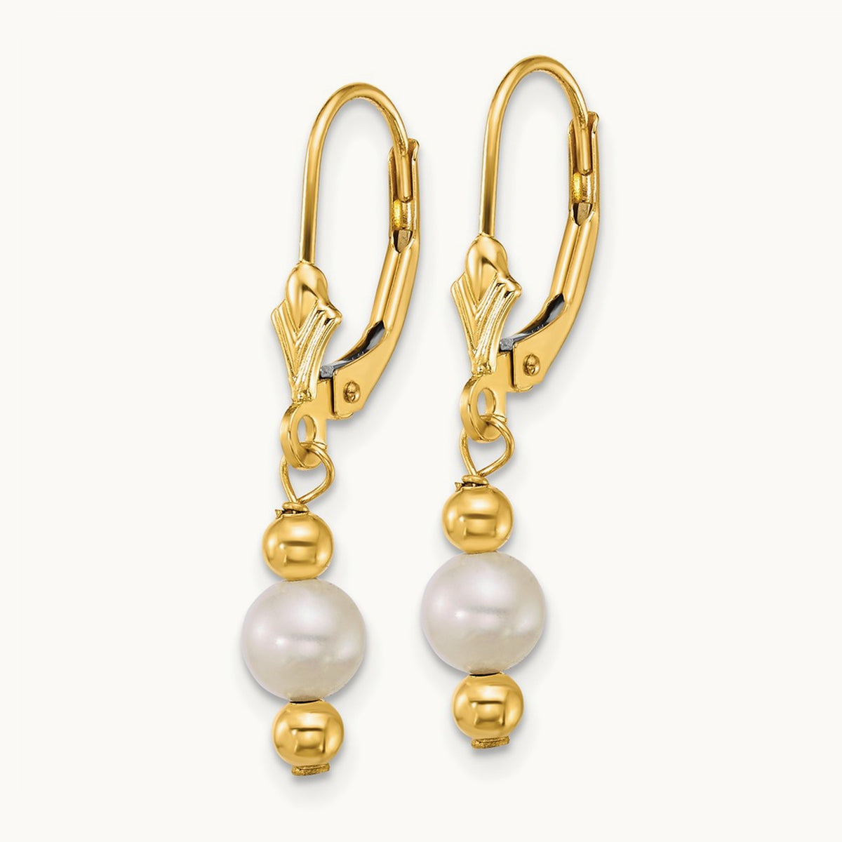 5- Round White Freshwater Cultured Pearl Dangle Earrings, 6mm, 14K