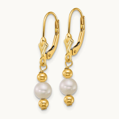 5- Round White Freshwater Cultured Pearl Dangle Earrings, 6mm, 14K