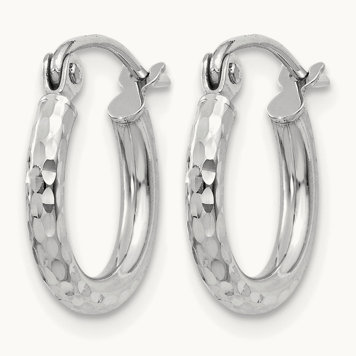 Diamond-cut Round Tube Hoop Earrings — 14K White Gold
