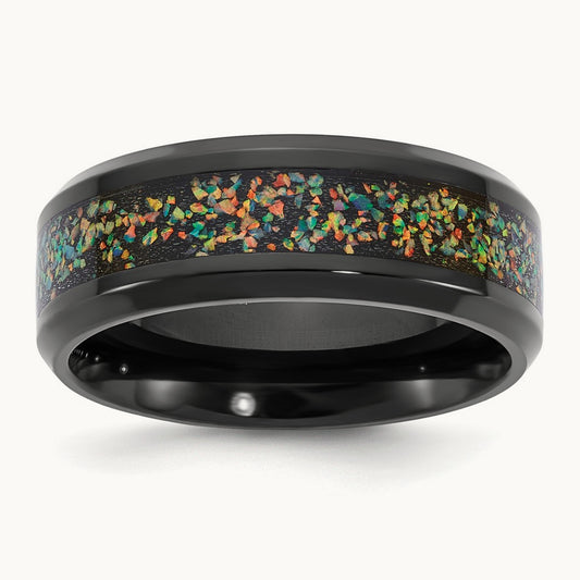 Polished Black IP-plated Multi-color Opal Inlay Band, 8mm, Titanium