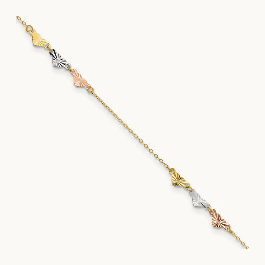 Tri-Color Diamond-cut Hearts 9in Plus 1in ext Anklet, 14K