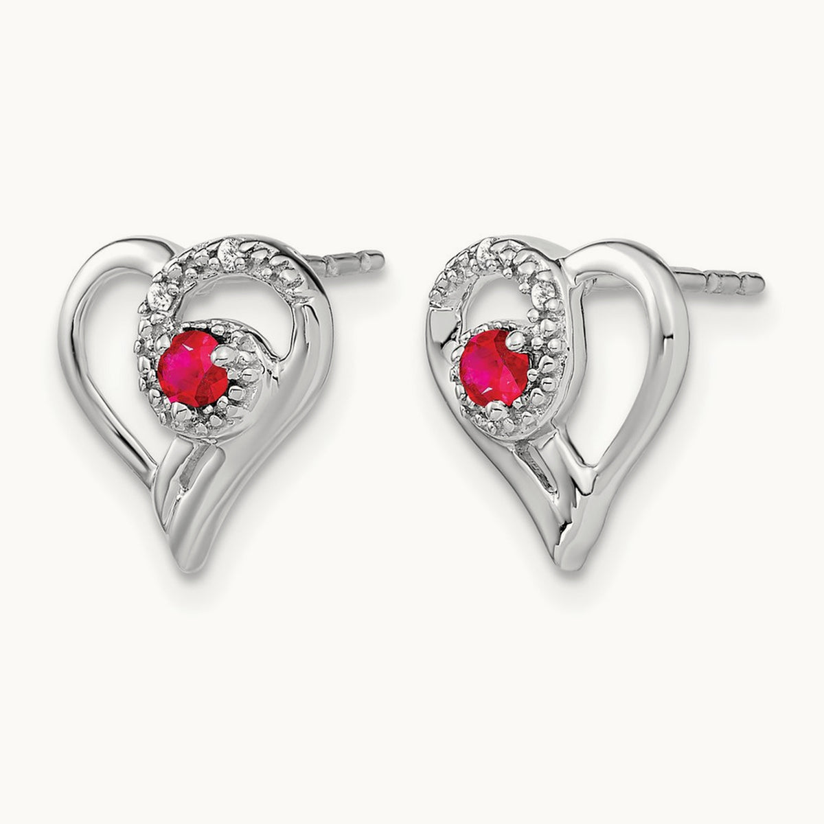 Ruby and Diamond Heart Earrings — 14K White Gold, 11mm