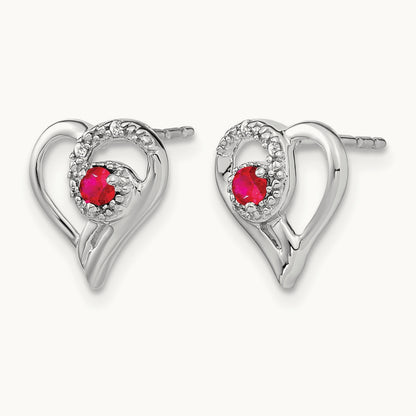 Ruby and Diamond Heart Earrings — 14K White Gold, 11mm