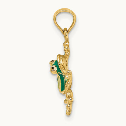 Green Enameled 2-D Small Frog Charm, 14K