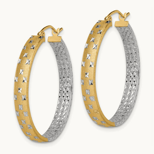 w/White Rhodium Polished Satin Diamond-cut In/Out Hoop Earrings, 14K