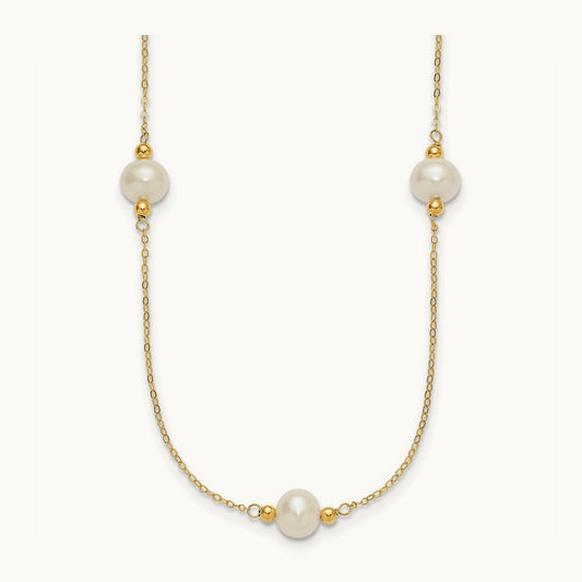 8- Near-round White FWC Pearl 5 Station 18in Necklace, 9mm, 14K
