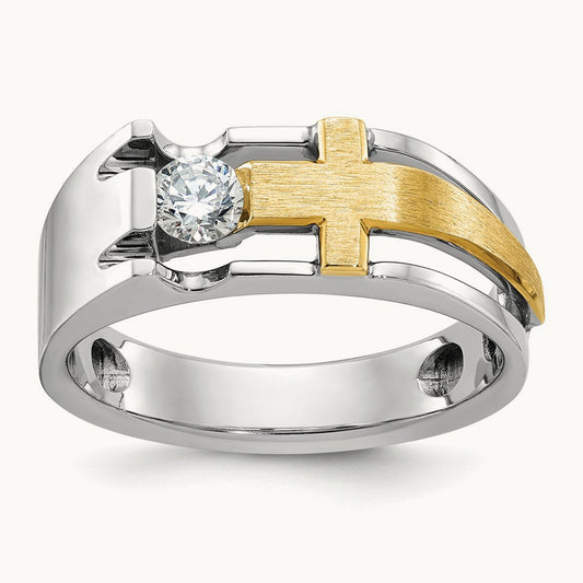 IBGoodman Men's Polished Satin & Cut-Out Dia Cross Ring, 14K Two-tone