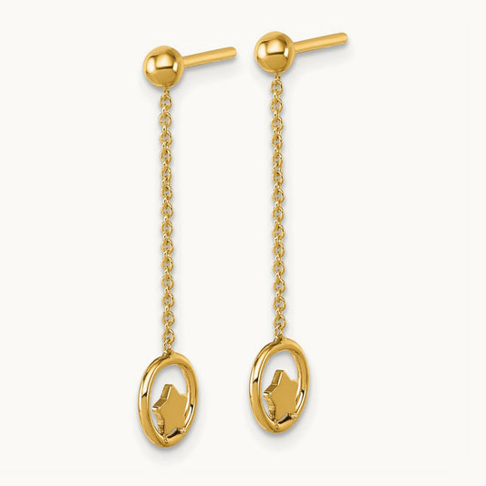 Polished Stars in Circle Dangle Post Earrings, 14K