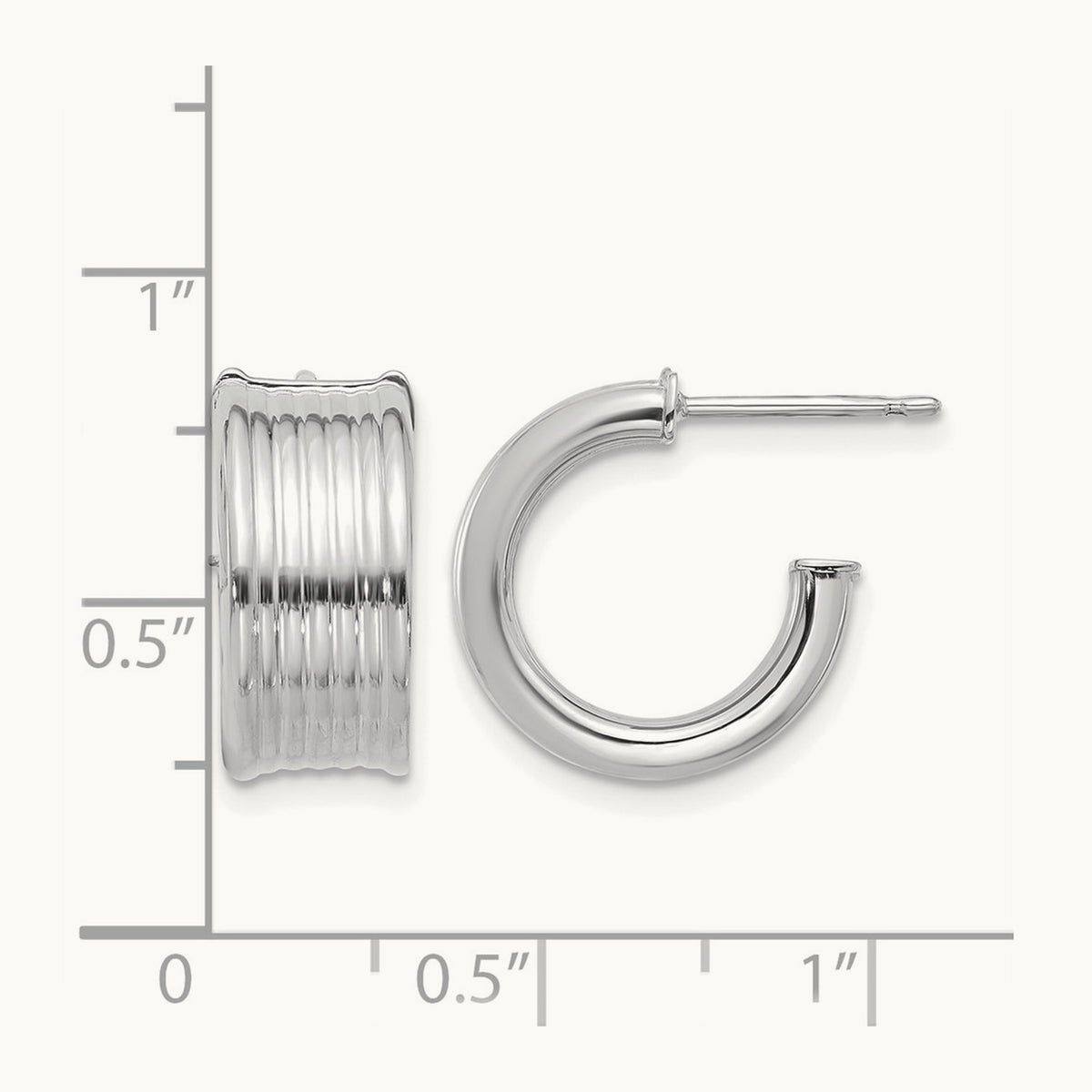 w/ White RH Plating Polished and Grooved J-Hoop Post Earrings, 14K — Leslie's