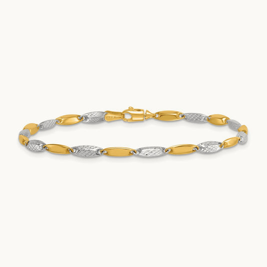 Polished and Textured Fancy Link 7.5in Bracelet, 14K Two-tone