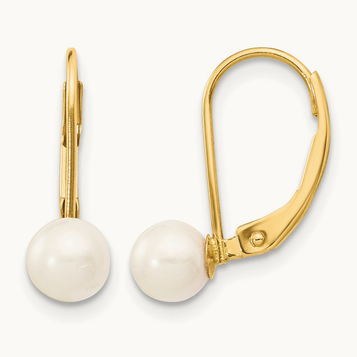 5- White Round Saltwater Akoya Cultured Pearl Leverback Earrings, 6mm, 14K