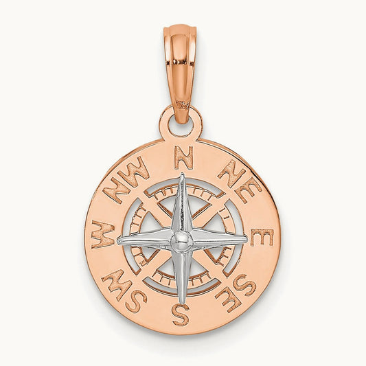 Mini Nautical Compass Pendant, 14K Rose with White Gold