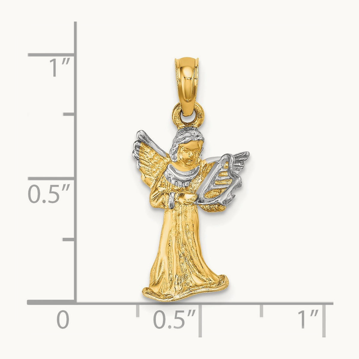w/ White Rhodium 3-D Angel Playing Harp Charm, 14K