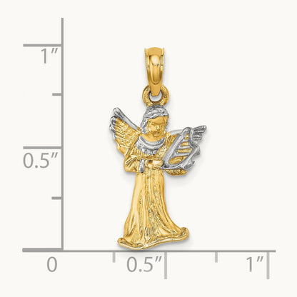 w/ White Rhodium 3-D Angel Playing Harp Charm, 14K