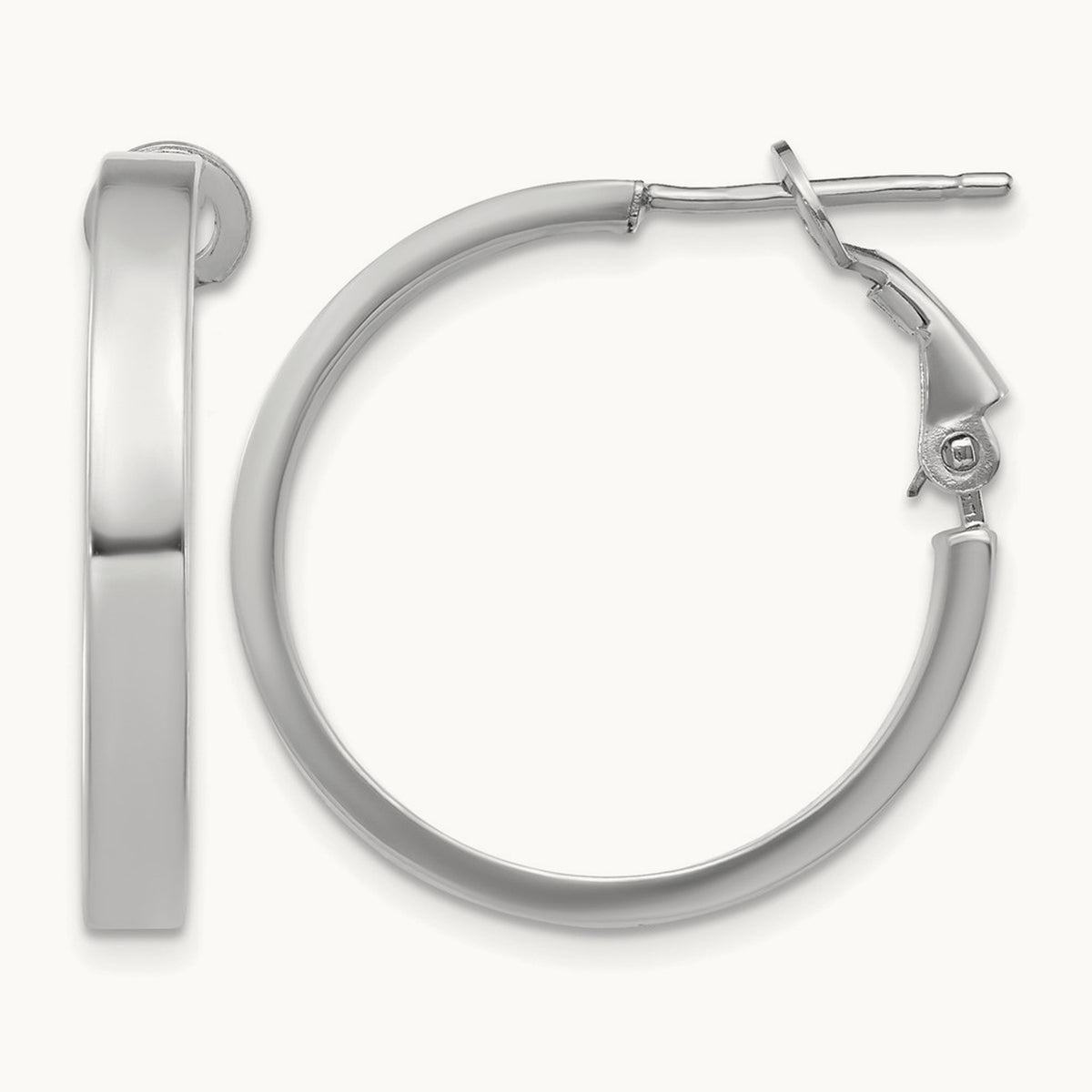 Polished Square Tube Round Hoop Earrings — 14K White Gold, 3x25mm
