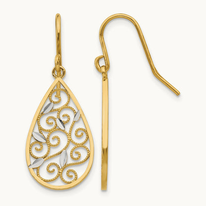 Rhodium Diamond-cut Filigree Teardrop Wire Earrings, 14K White