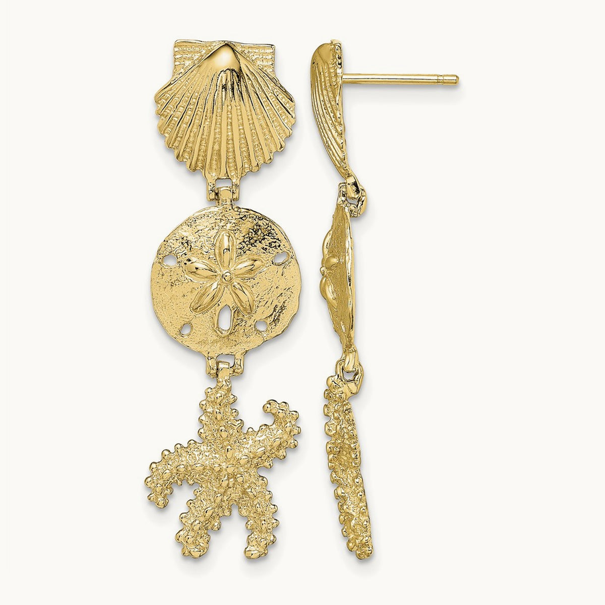 Shell, Sand Dollar ,Starfish Post Dangle Earrings, 14K