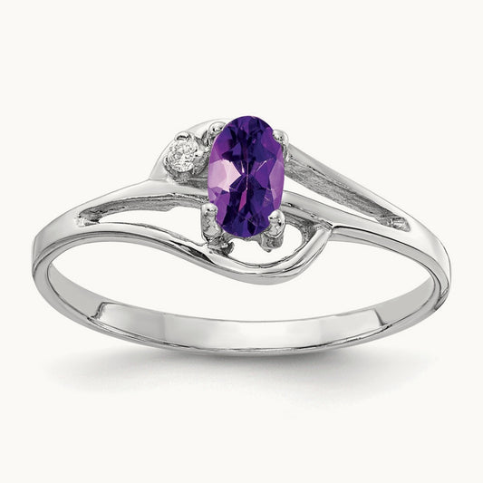 5x3mm Oval Amethyst AA Diamond ring, 14K White Gold