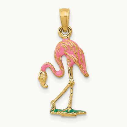 Enameled Flamingo Pendant, 14K