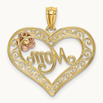 w/White Rhodium D/C MOM in Heart w/Rose Pendant, 14K Two-tone