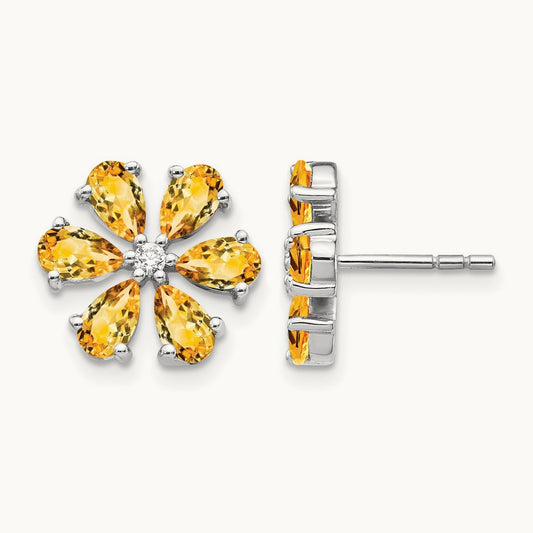 Diamond Citrine Flower Earrings, 14K White Gold