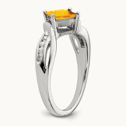 Square Citrine and Diamond Ring, 14K White Gold