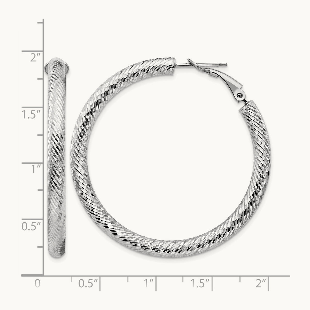 Diamond-cut Round Omega Back Hoop Earrings — 14K White Gold, 4x45mm