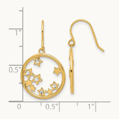 D/C Stars in Circle Dangle Earrings, 14K with White Rhodium