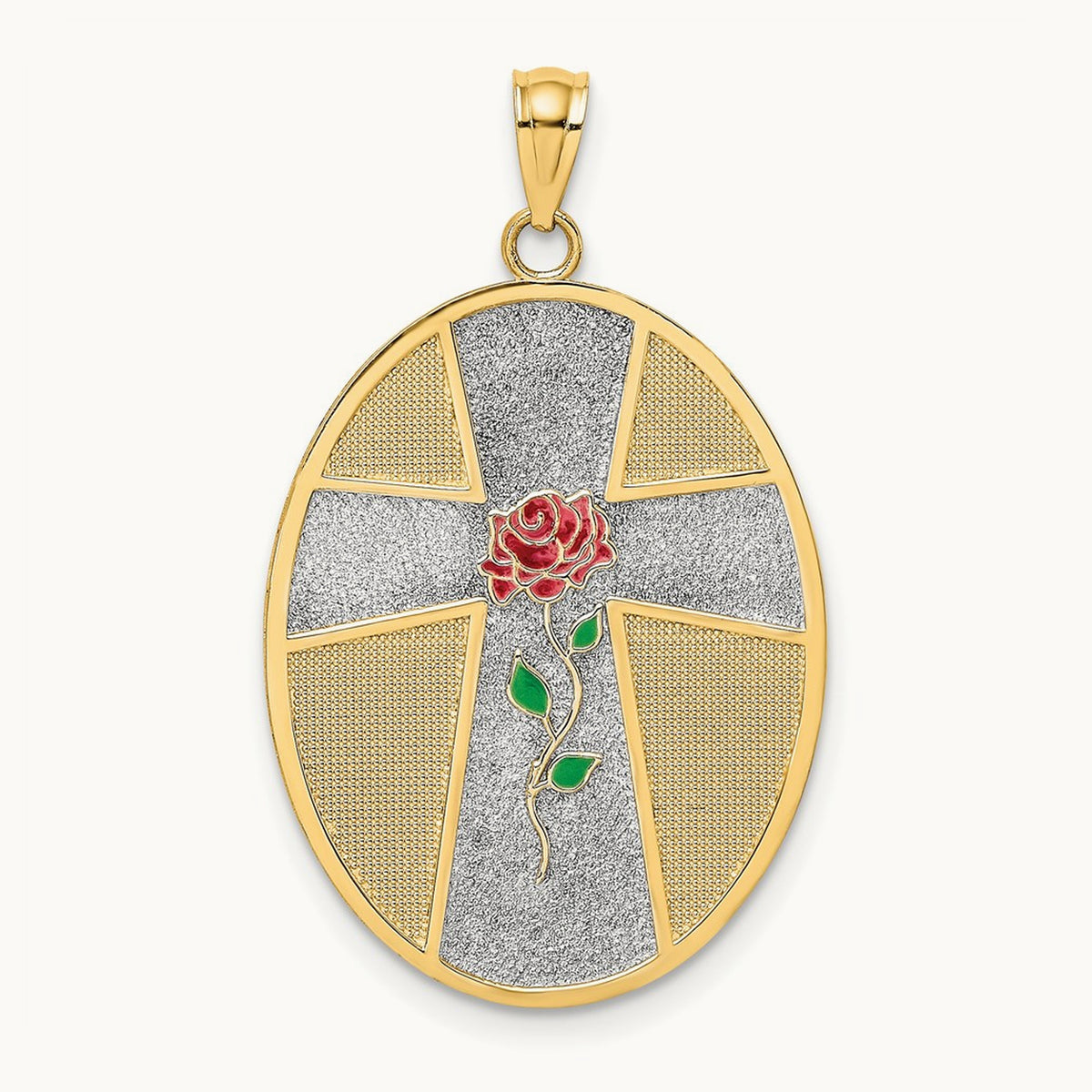 w/ Rhodium Enamel Rose Serenity Prayer Oval Disc Charm, 14K