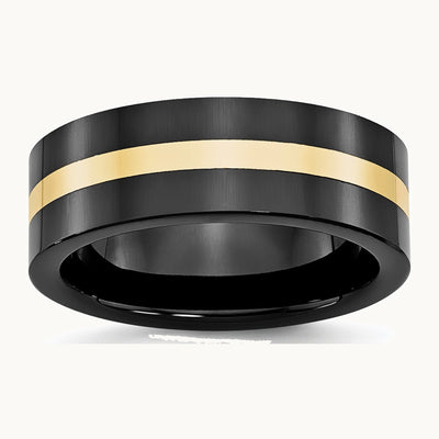 Chisel Ceramic Flat Black with 14K Gold Inlay 8mm Polished Band