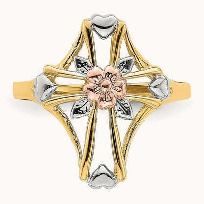 W/White Rhodium Polished Cross w/Flower Ring, 14K Two-tone