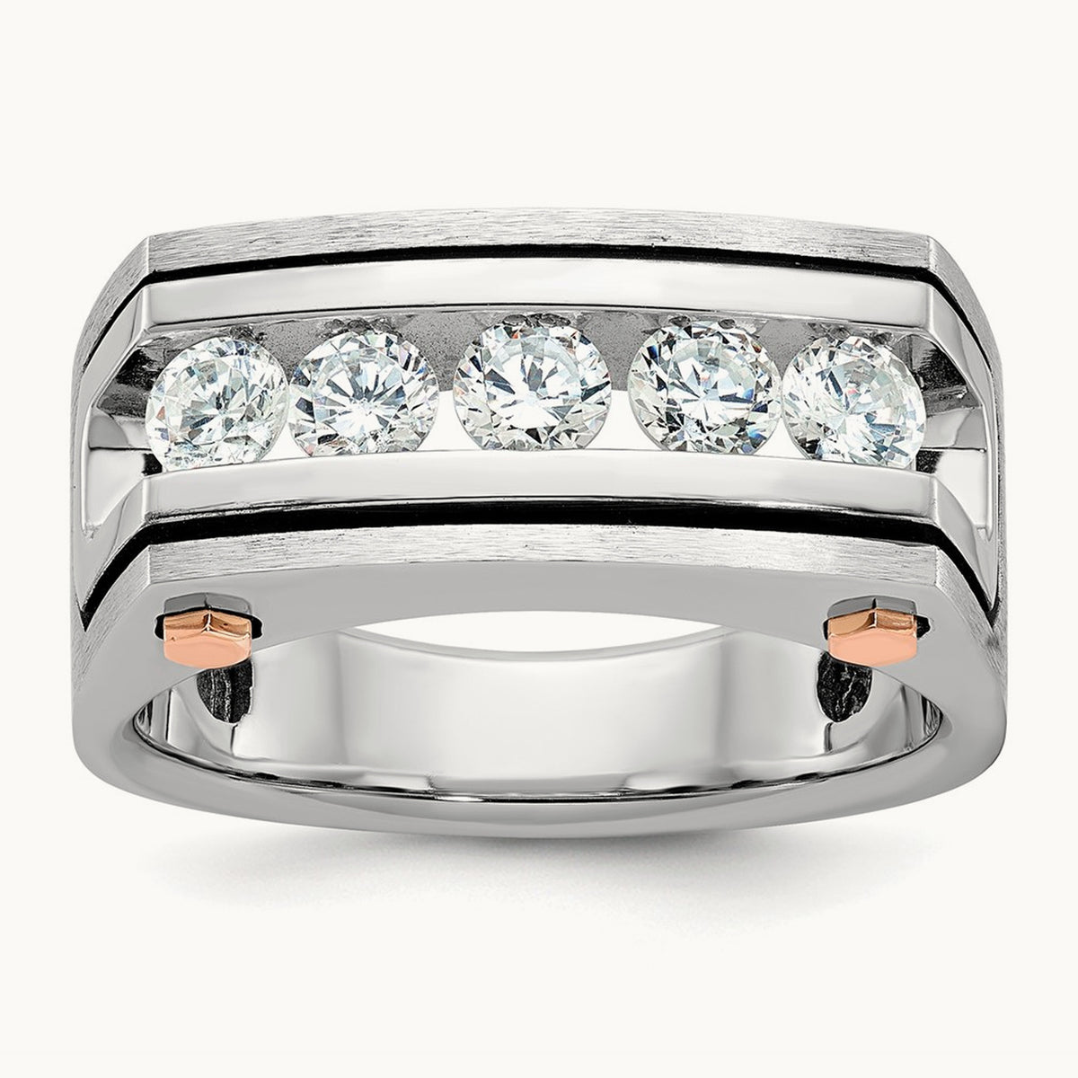 14kwr w/ Blk RH IBGoodman Men's Satin & Grooved 5-Stone Dia Ring