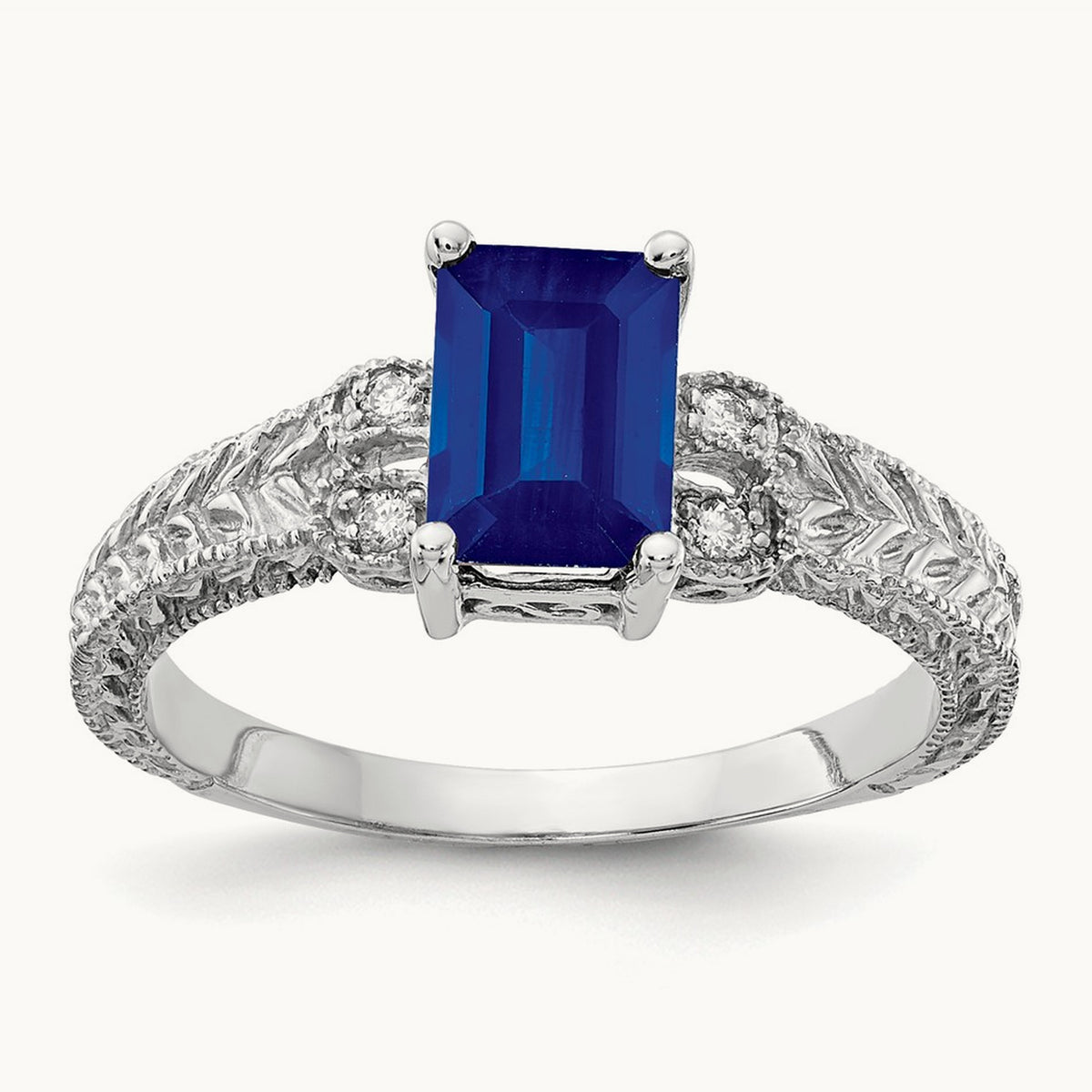 7x5mm Emerald Cut Sapphire AA Diamond ring, 14K White Gold