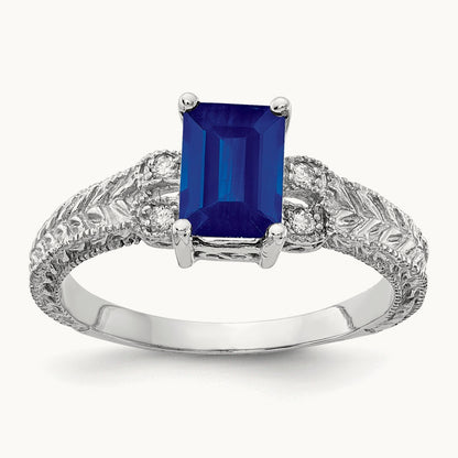 7x5mm Emerald Cut Sapphire AA Diamond ring, 14K White Gold