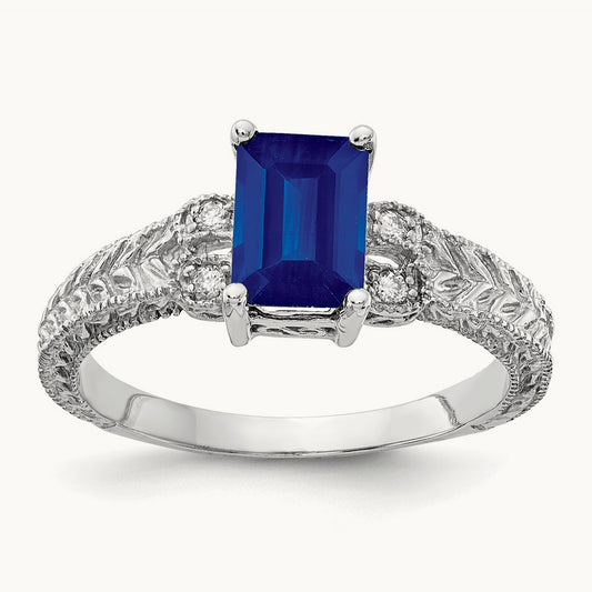 7x5mm Emerald Cut Sapphire AA Diamond ring, 14K White Gold