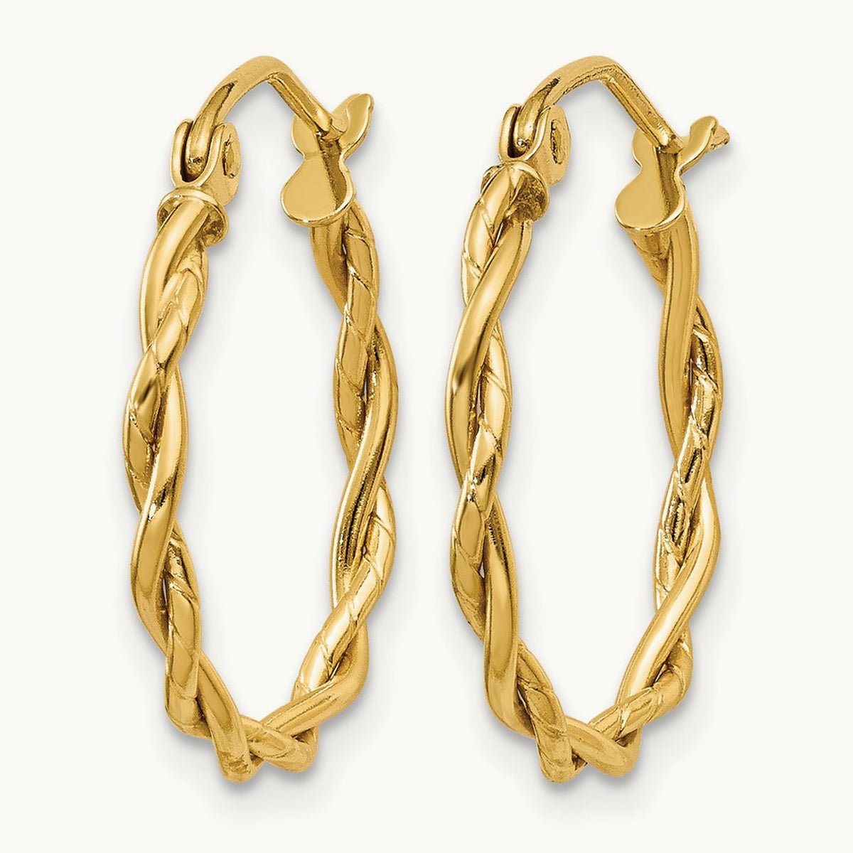 Twisted Dual Band Hoop Earrings — 14K Yellow Gold, 14mm, 2.25mm