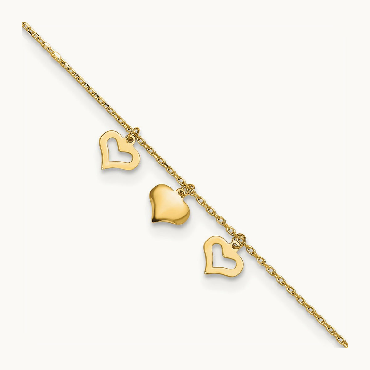 3 Hearts 10inch Plus 1 inch Extension Anklet, 14K