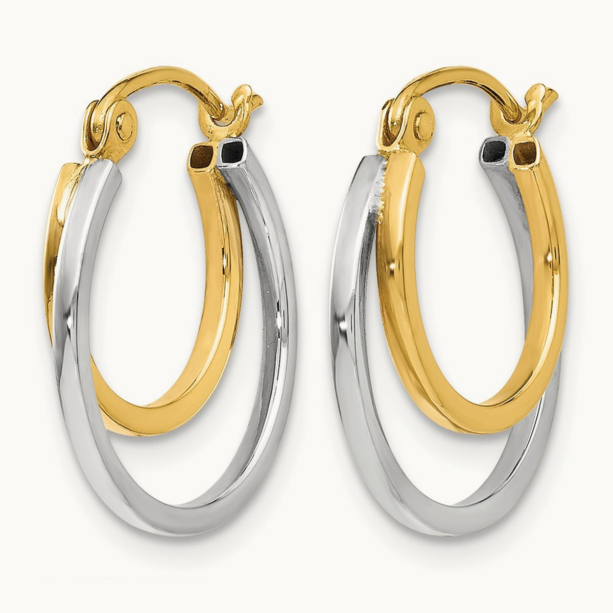 Polished 2 Row Stacked Round Hoop Earrings — 14K Two-Tone Gold