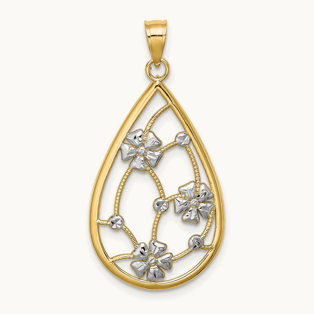 w/ White Rhodium Flowers In Teardrop Frame Charm, 14K