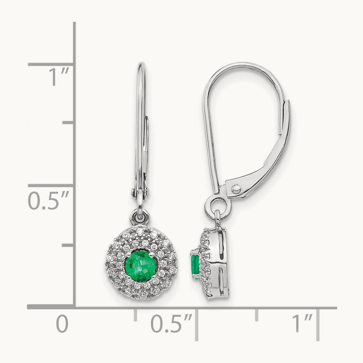 Diamond Halo Emerald Leverback Dangle Earrings, 14K White Gold