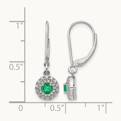 Diamond Halo Emerald Leverback Dangle Earrings, 14K White Gold