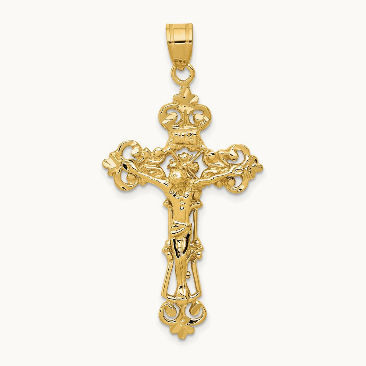 INRI Fleur De Lis Crucifix Pendant — 14K Yellow Gold, 46mm