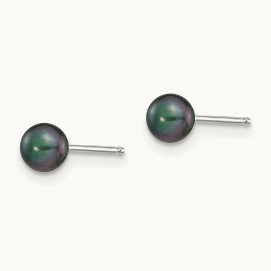 4- Black Round FW Cultured Pearl Stud Post Earrings, 5mm, 14K White Gold