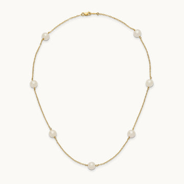 7- White Near Round Freshwater Cultured Pearl 7-Station Necklace, 14K
