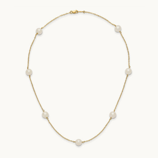 7- White Near Round Freshwater Cultured Pearl 7-Station Necklace, 14K