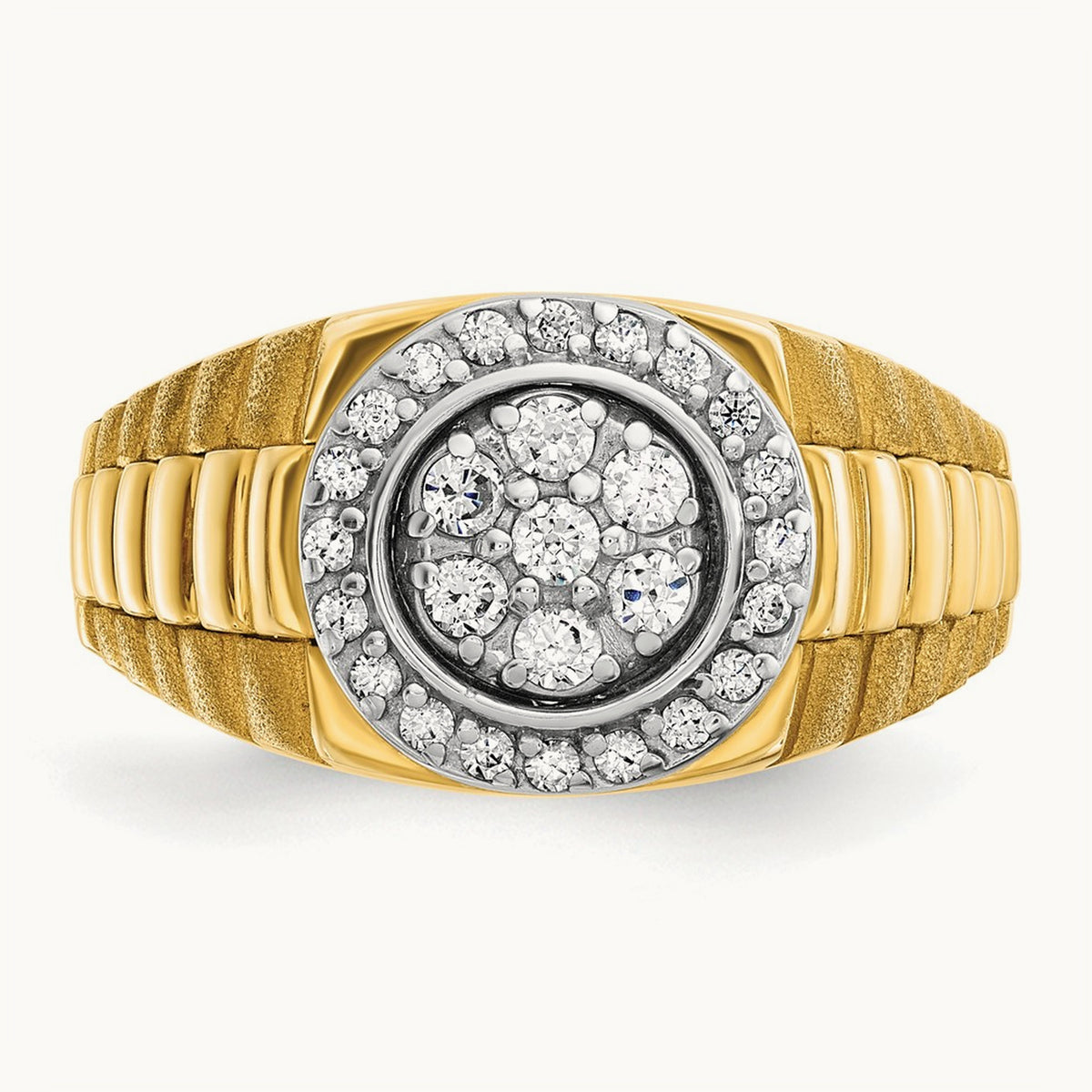 14ktt IBGoodman Men's Polished Satin & Ribbed Round Dia Cluster Ring