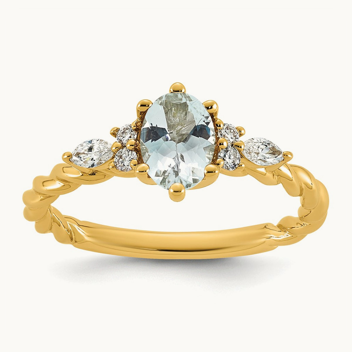 Polished Diamond and Aquamarine Twisted Ring, 14K