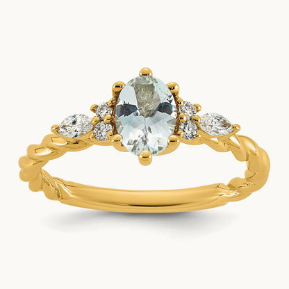 Polished Diamond and Aquamarine Twisted Ring, 14K
